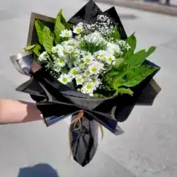 Siyah Buket Kağıdında Beyaz Papatya