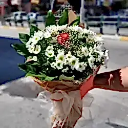 Beyaz Papatya Ortasında Tek Kırmızı Gül Buketi